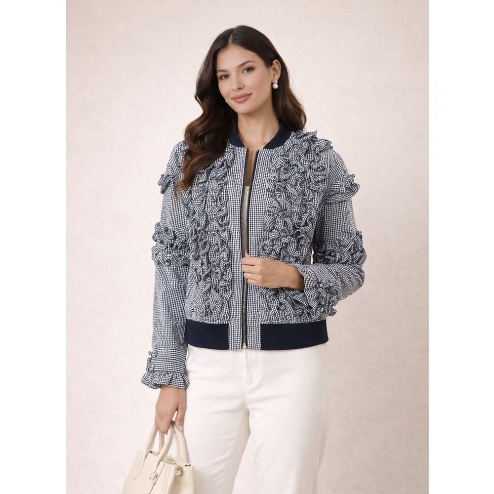 Chelsea 28 Ruffled Seersucker Gingham Bomber Jacket L
